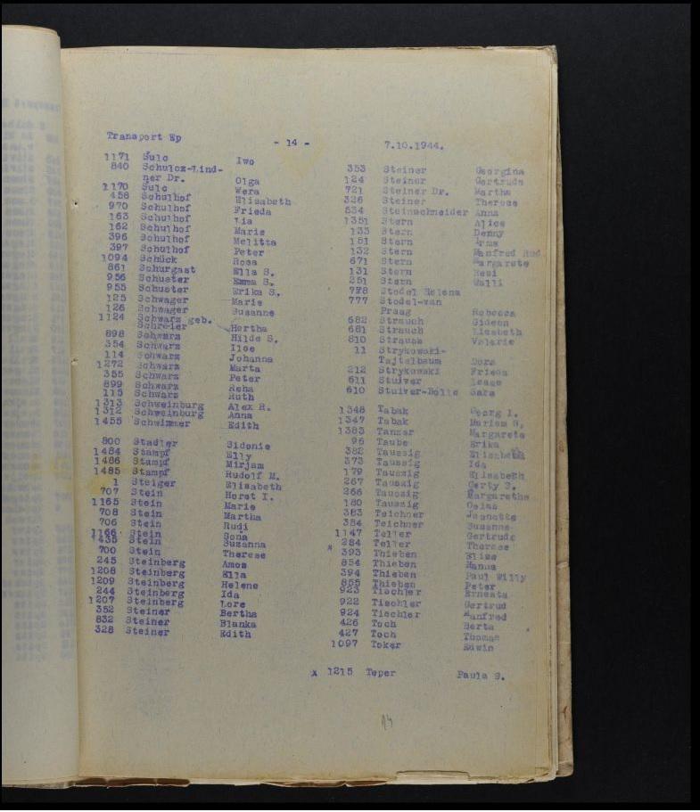 List of names of people, including Ida and Amos Steinberg, included in the transport from Theresienstadt to Auschwitz-Birkenau on 4 October 1944